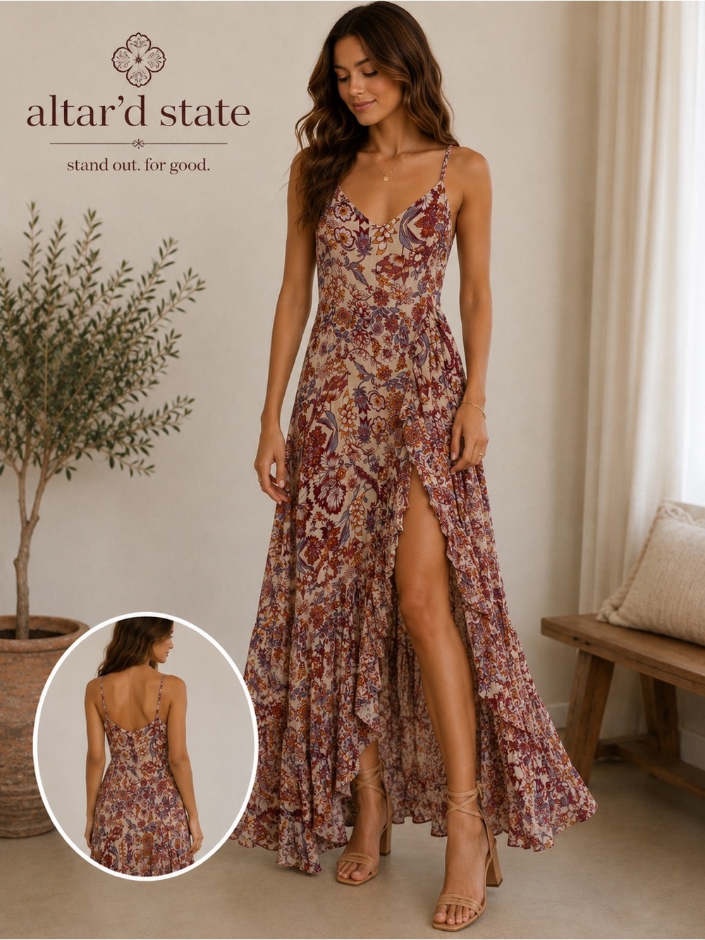 Altar’d State Floral Maxi Dress Size L Boho Sleeveless Ruffle Hem Viscose